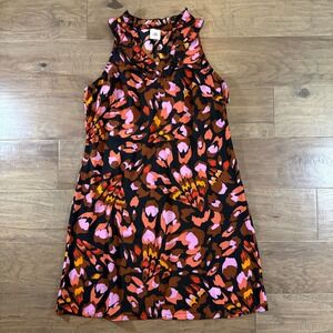 Cabi 4454 Pink Orange Abstract Floral Ruffle Neck Sleeveless Dress Womens L